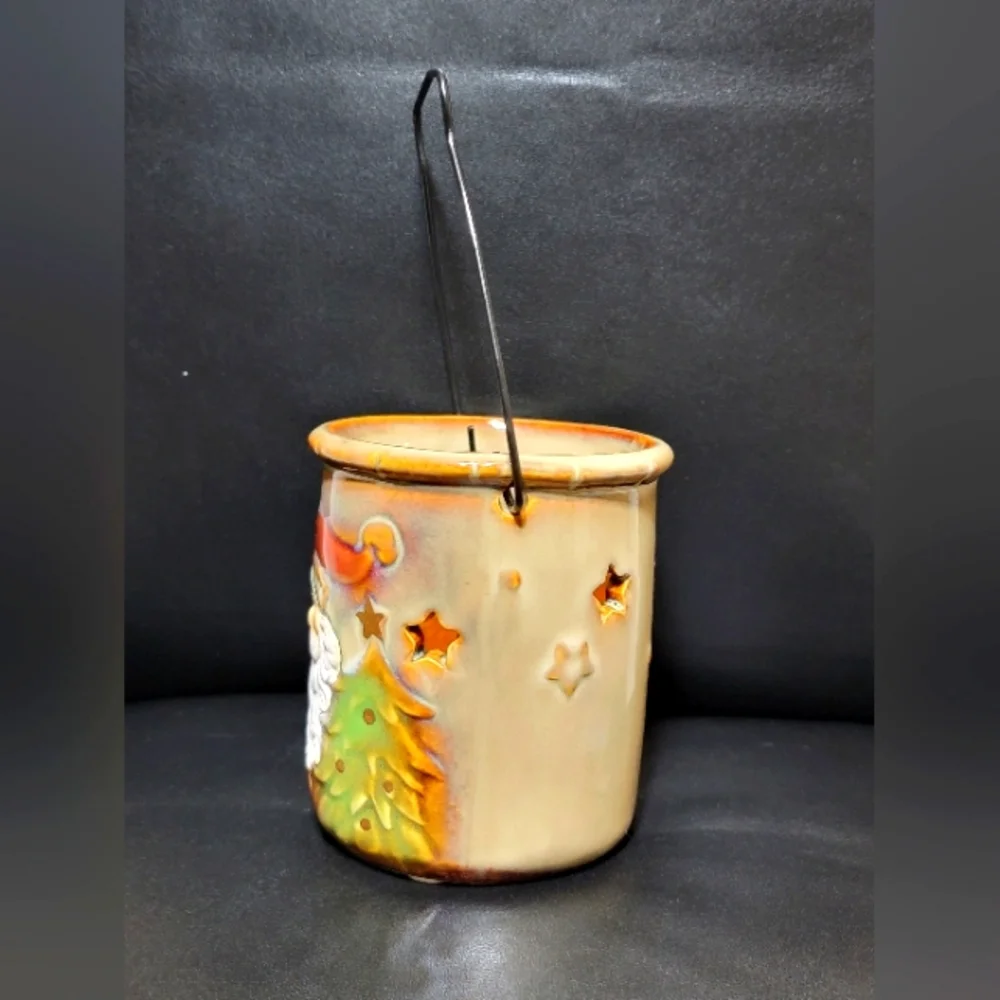 Vintage Ceramic Santa Claus Christmas Textured Lantern Tea Light Candle Holder